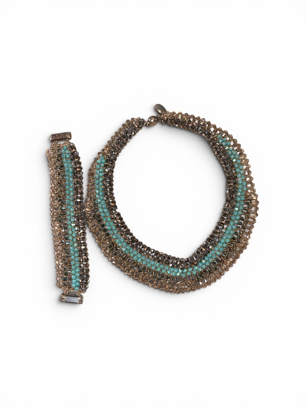 RUSH Matching sparkly necklace and bracelet. Turquoises &  grey. Magnetic clasps